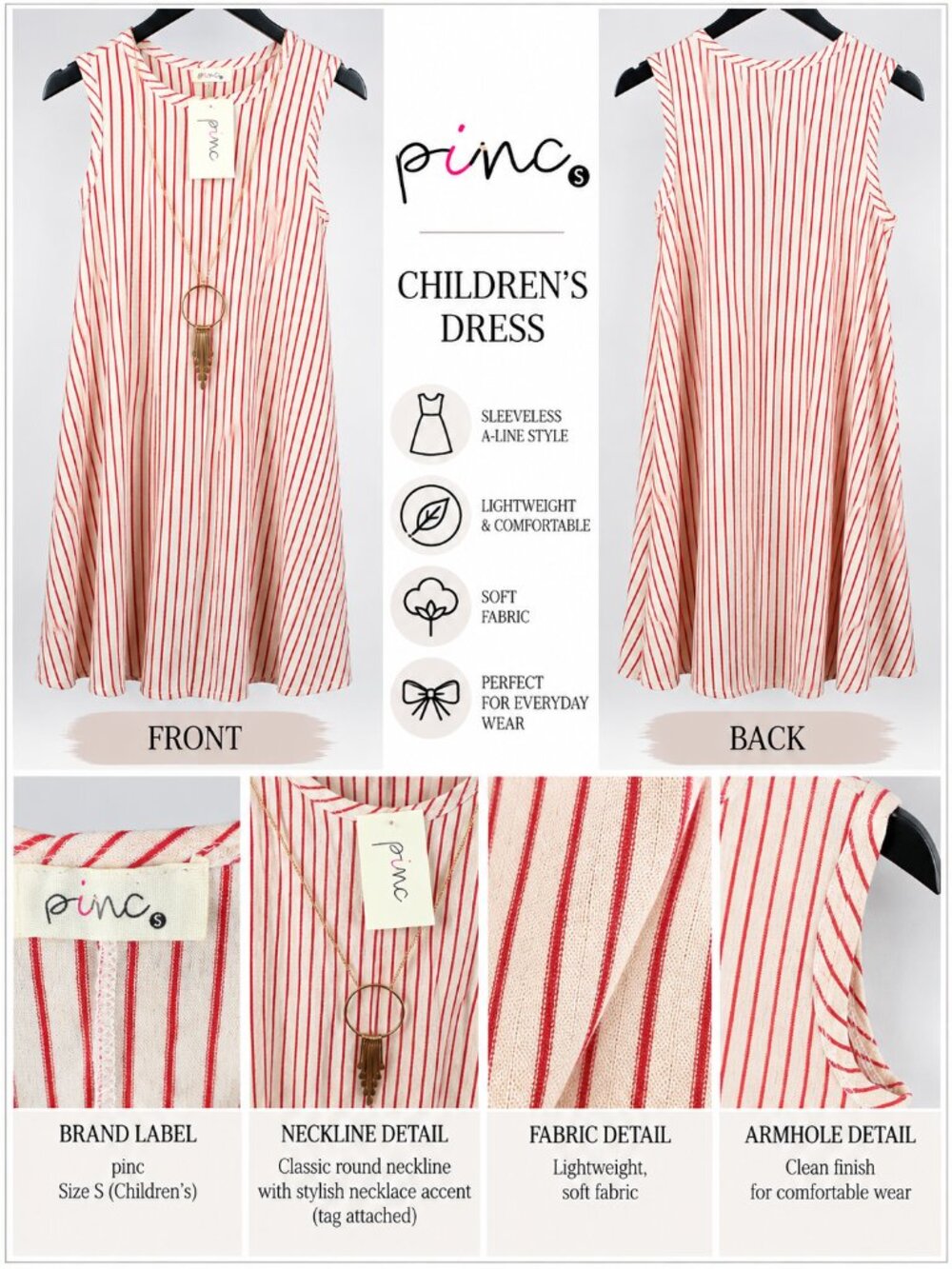NWT Pinc Cream & Red Striped Sleeveless Swing Dress with Fringe Necklace Set - S